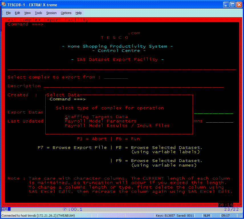 mainframe screen showing data selection options